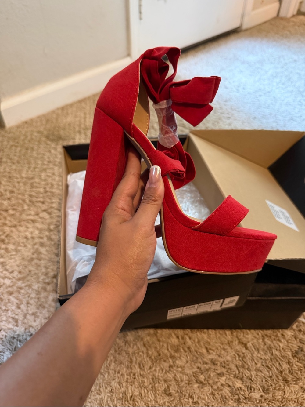 Never worn - Fashion Nova Red Suede Platform Block Heels with Ankle Bow